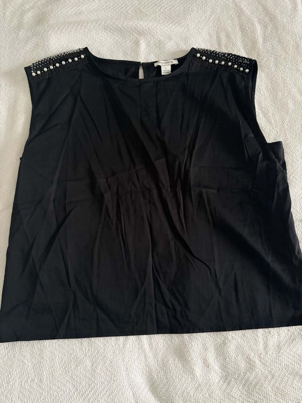 Calligraphie Black Sleeveless Blouse with Pearl and Sequin Embellished Shoulders